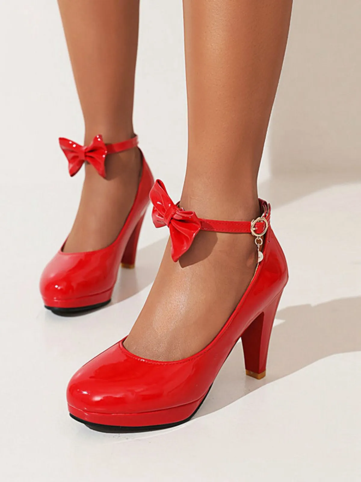 Solid Leather Bowknot Buckle Strap Chunky Heels