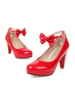 Solid Leather Bowknot Buckle Strap Chunky Heels