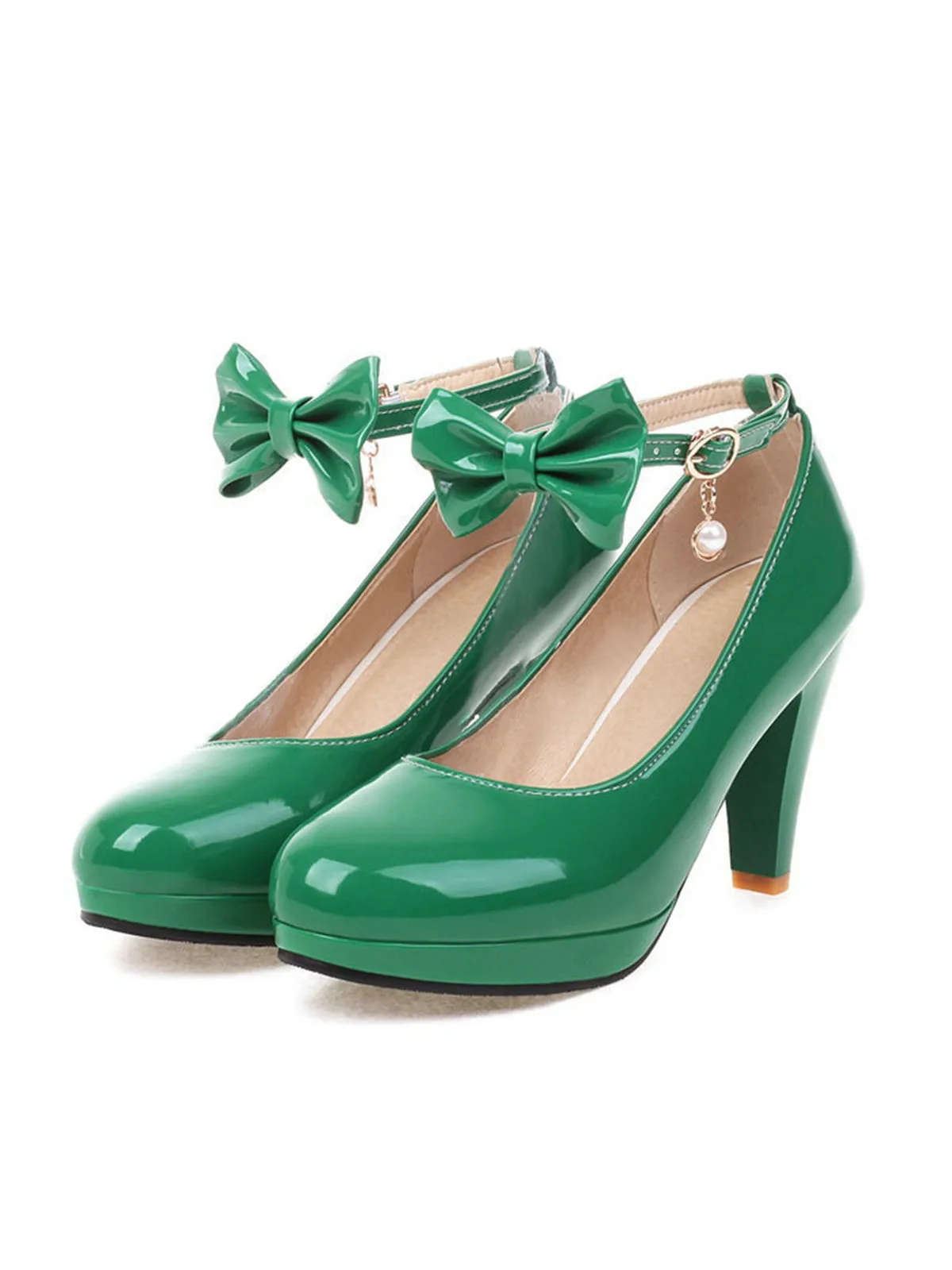 Solid Leather Bowknot Buckle Strap Chunky Heels