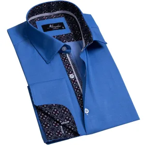 Solid Medium Blue Mens Slim Fit French Cuff Shirts with Cufflink Holes - Casual and Formal
