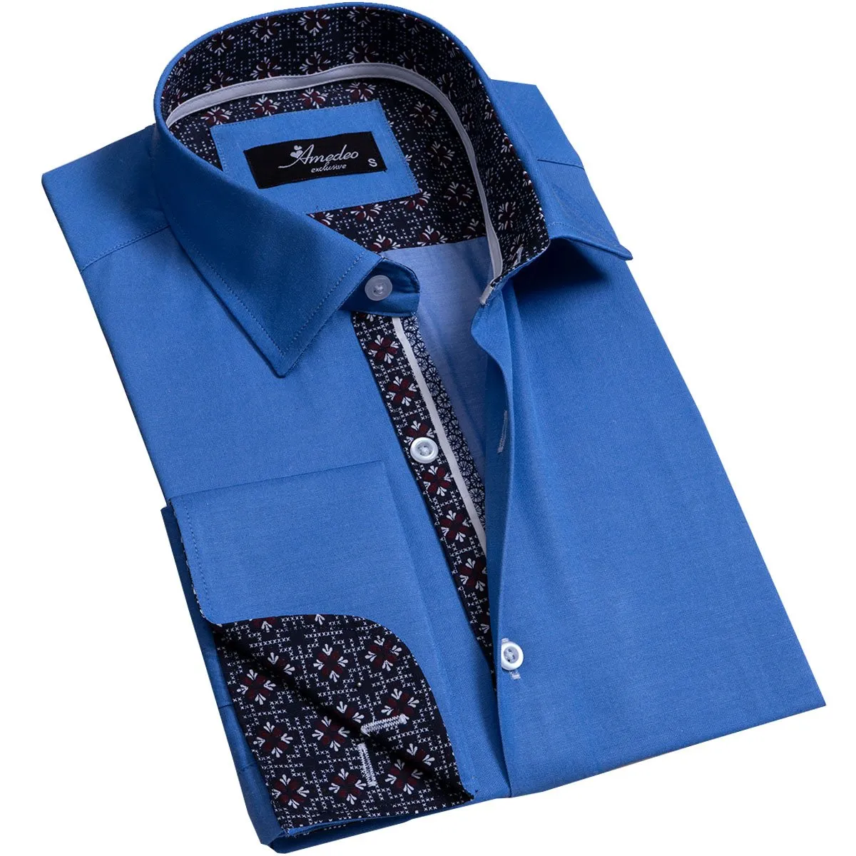 Solid Medium Blue Mens Slim Fit French Cuff Shirts with Cufflink Holes - Casual and Formal