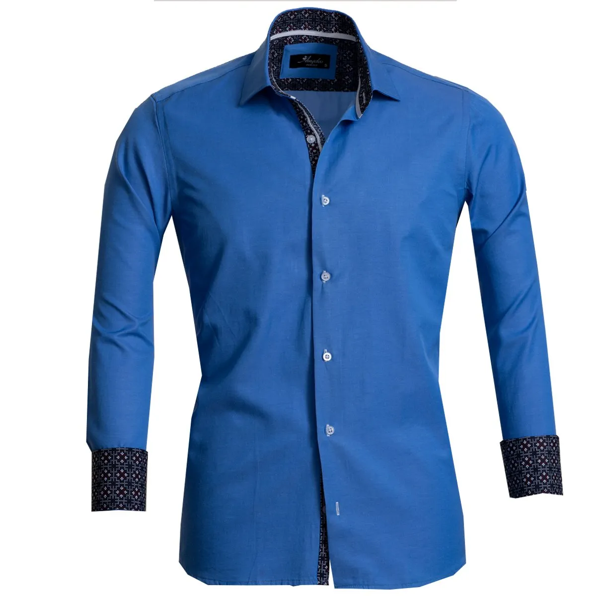 Solid Medium Blue Mens Slim Fit French Cuff Shirts with Cufflink Holes - Casual and Formal