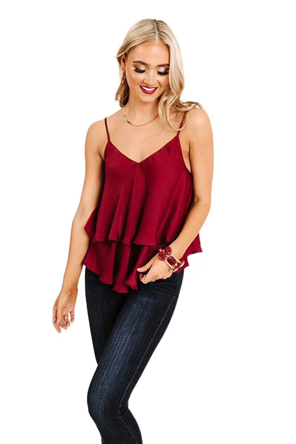 Spaghetti Straps Layered Ruffled Tank Top