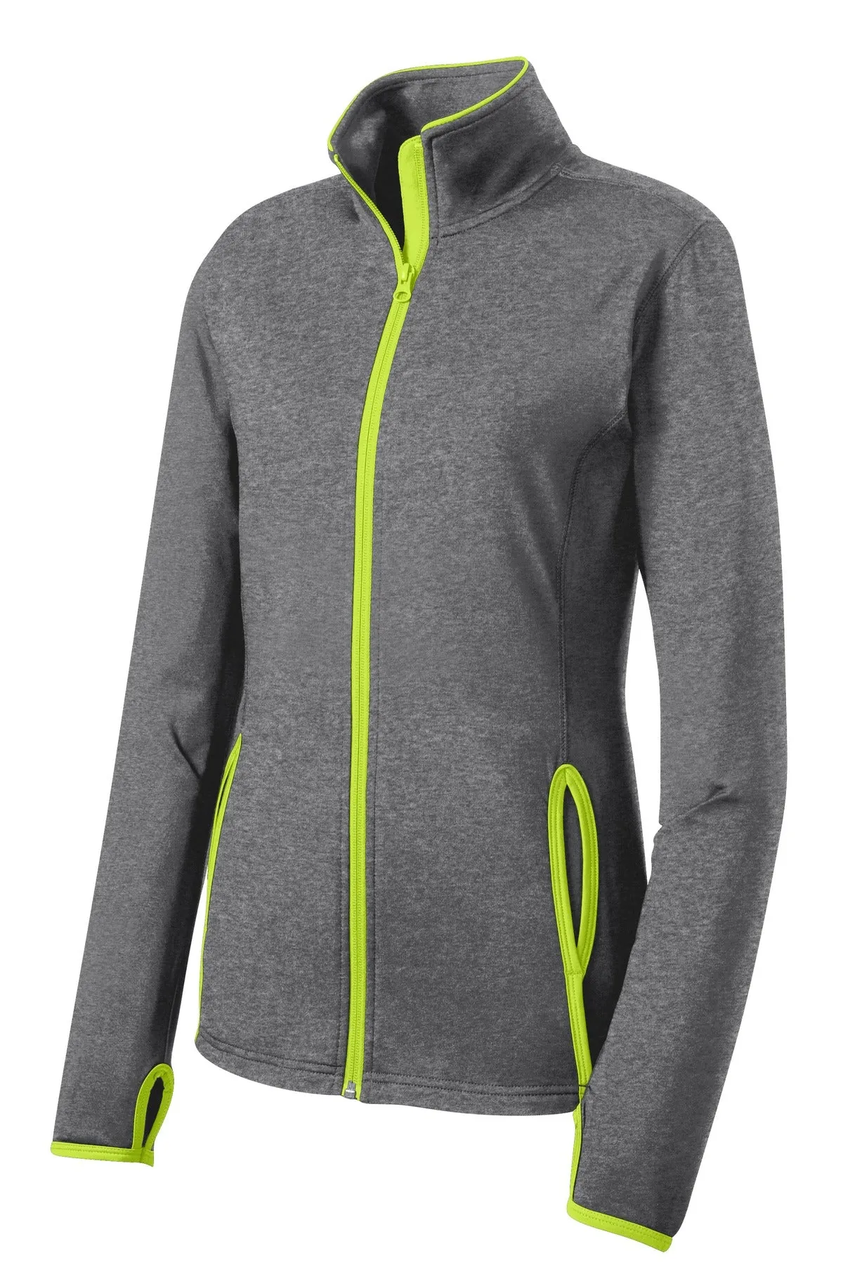 Sport-Tek Women's Sport-Wick Stretch Contrast Full-Zip Jacket.  LST853 Charcoal Grey Heather/ Charge Green