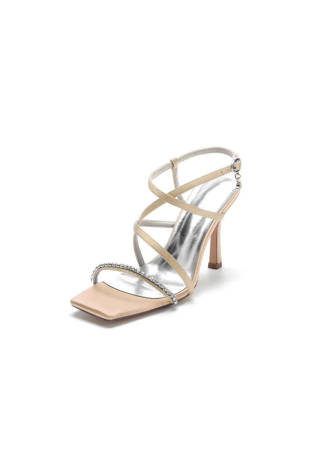 Square Open Toe Crystal Cross Straps Chunky Heels