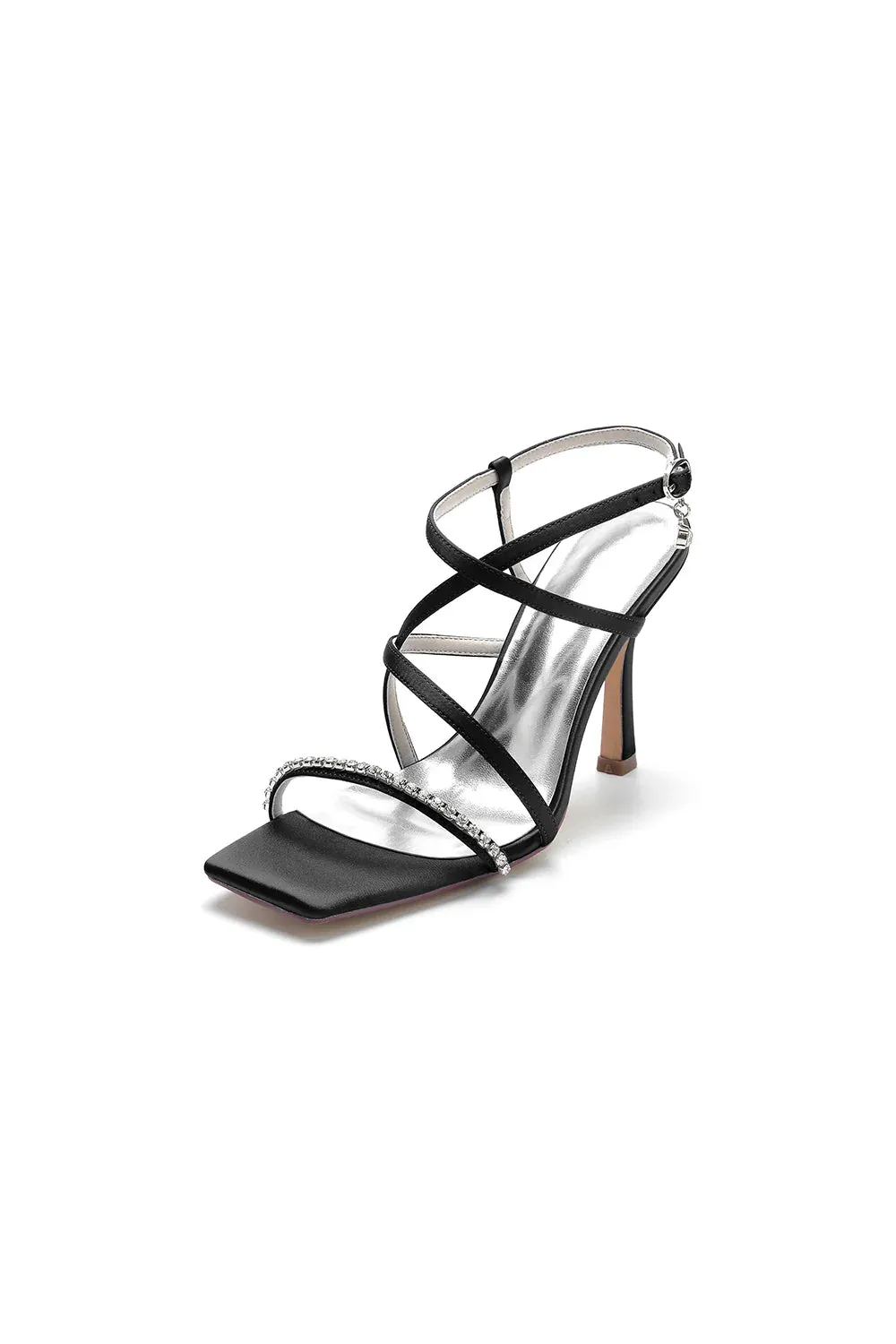 Square Open Toe Crystal Cross Straps Chunky Heels