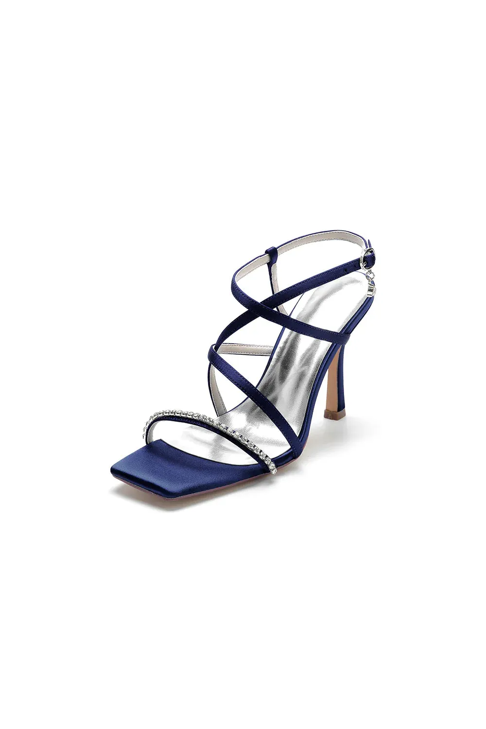 Square Open Toe Crystal Cross Straps Chunky Heels