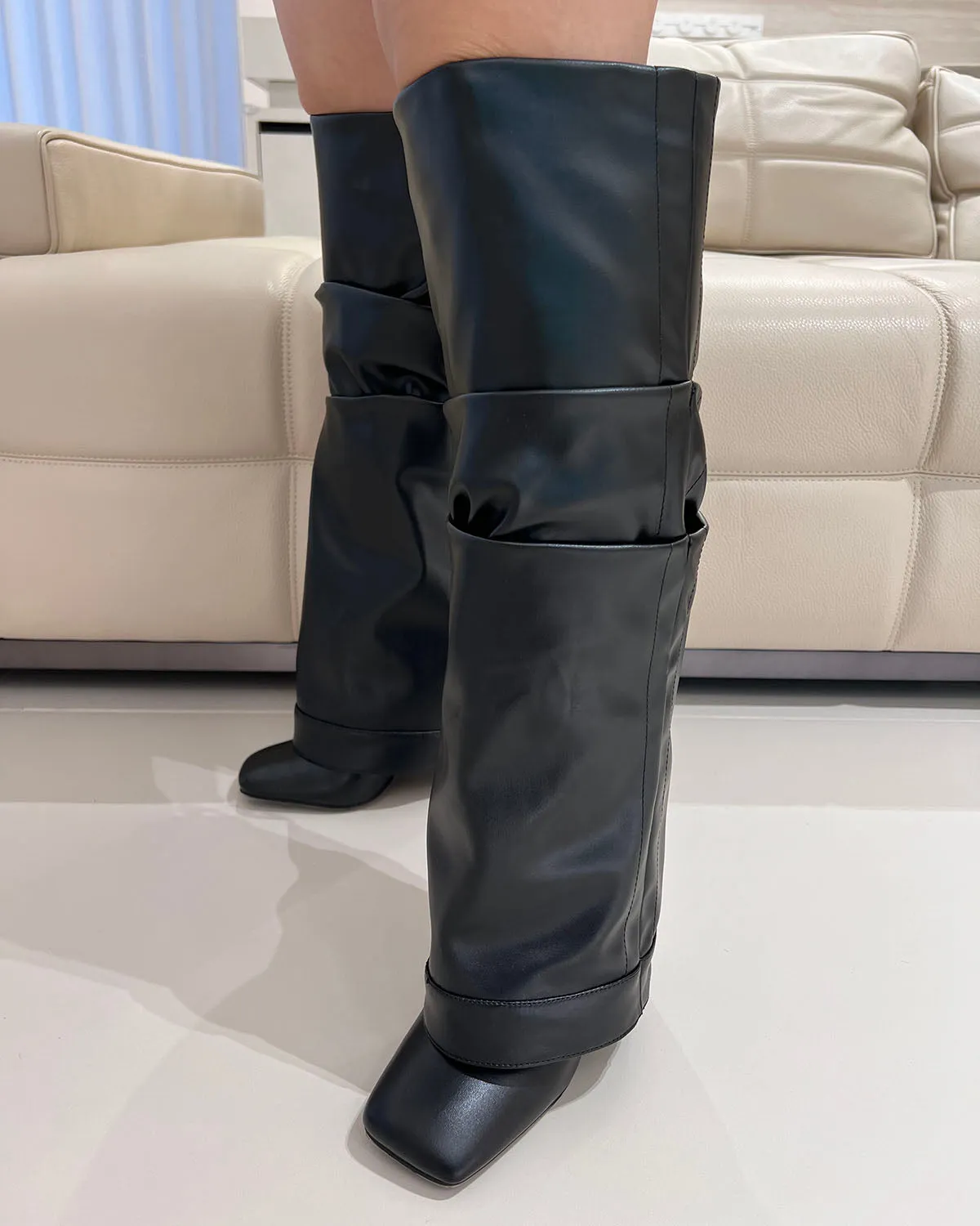 Square toe matte leather knee high thin heel boots for women