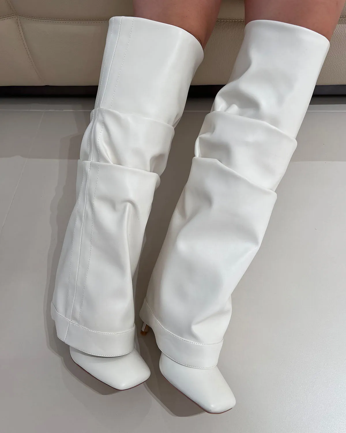 Square toe matte leather knee high thin heel boots for women