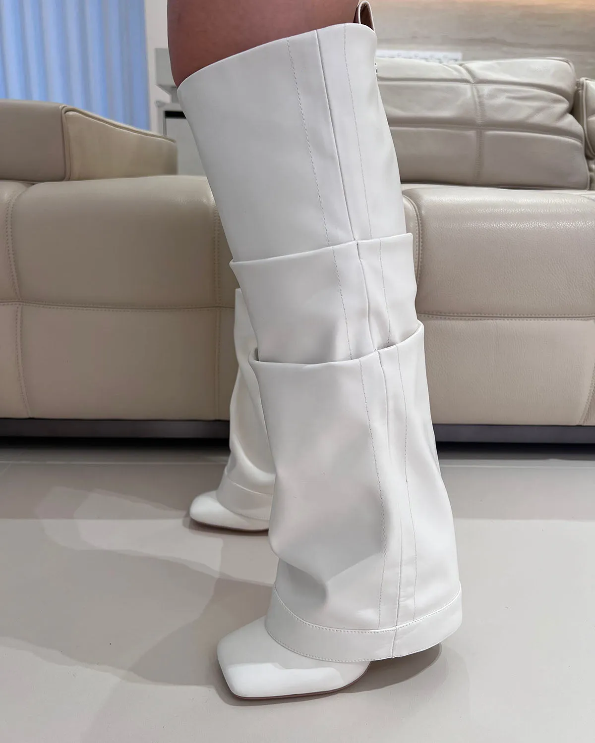 Square toe matte leather knee high thin heel boots for women