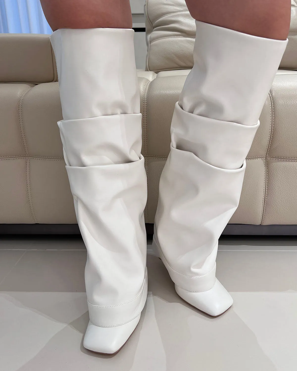 Square toe matte leather knee high thin heel boots for women