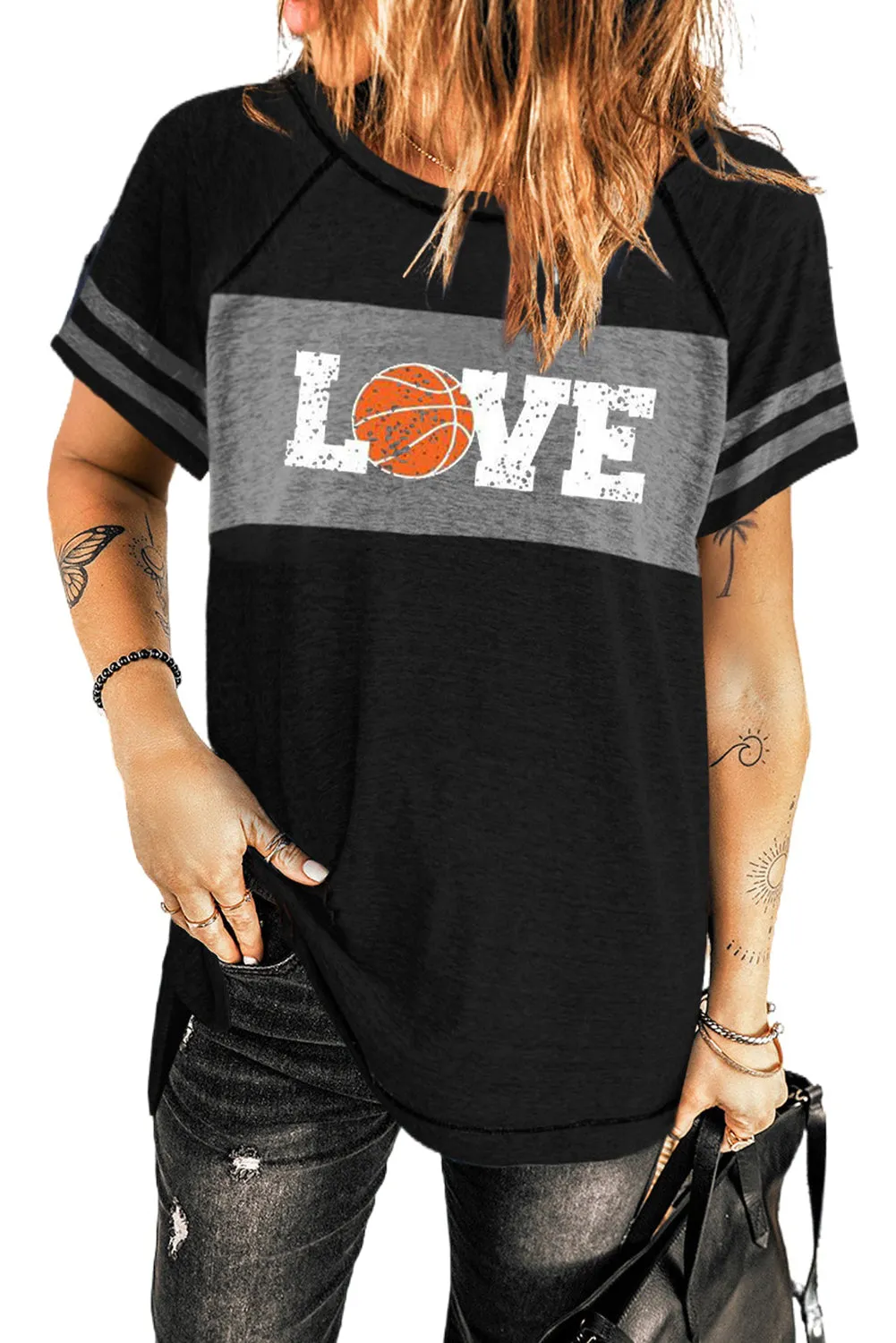 Stripe Sleeve Colorblock T-shirt
