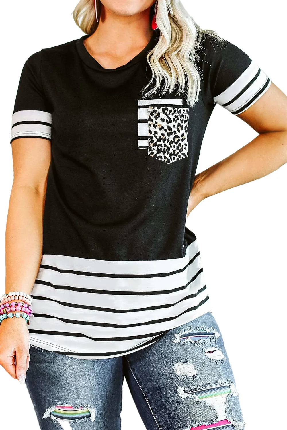 Striped Detail T-shirt with Patch Pocket
