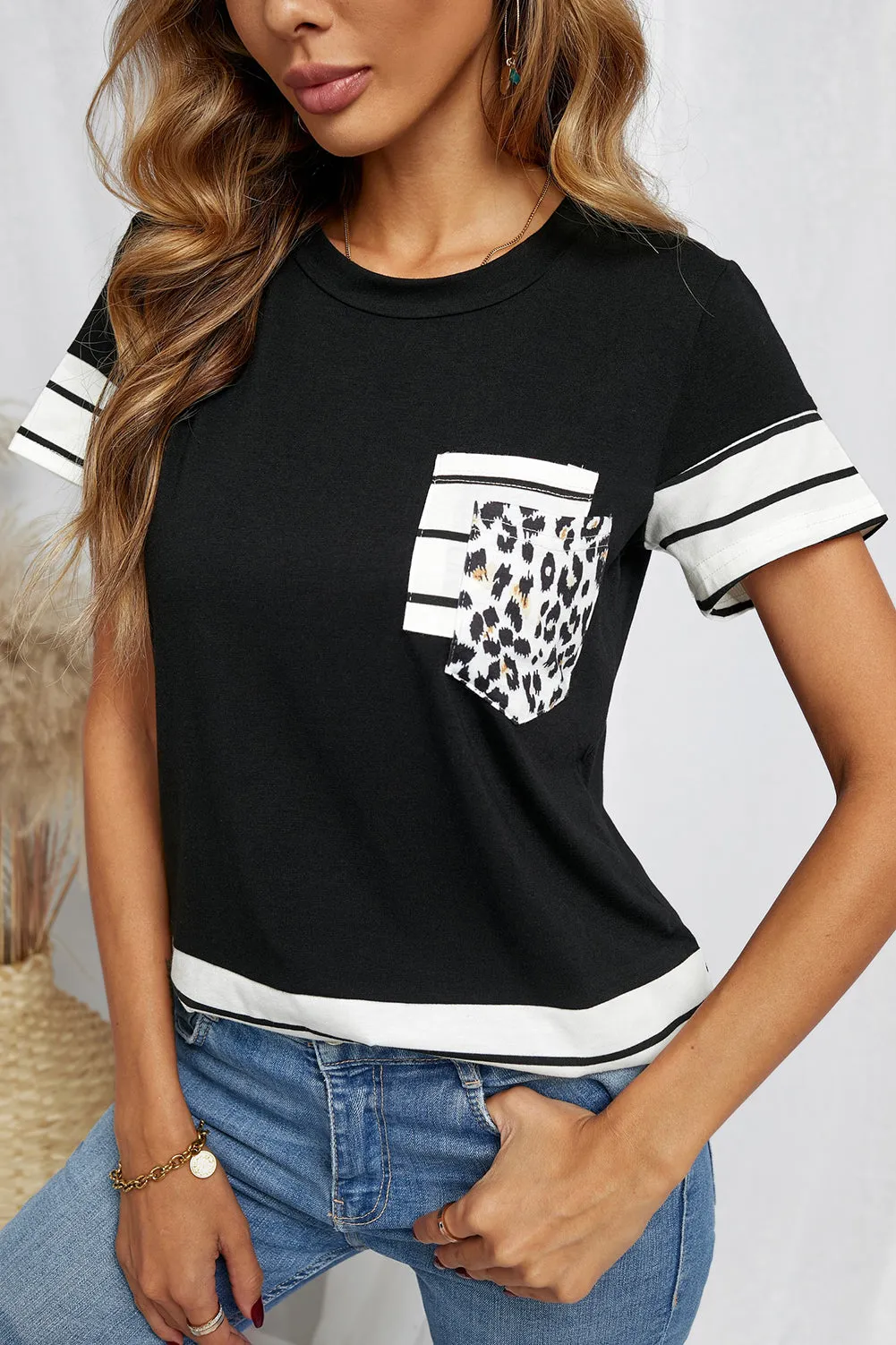 Striped Detail T-shirt with Patch Pocket