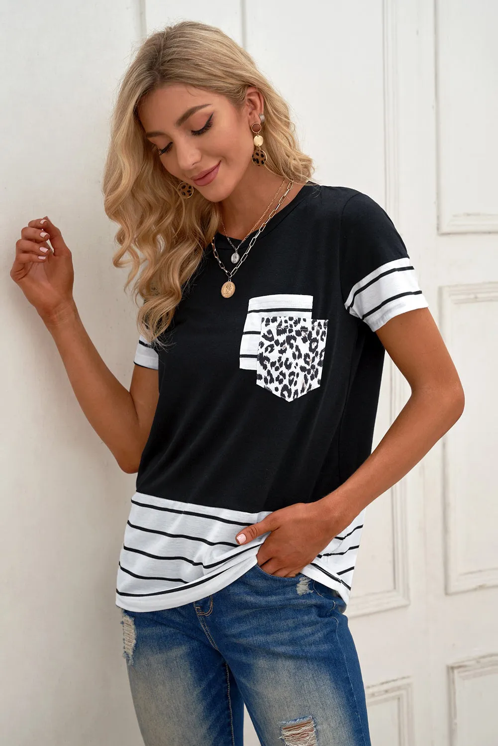Striped Detail T-shirt with Patch Pocket