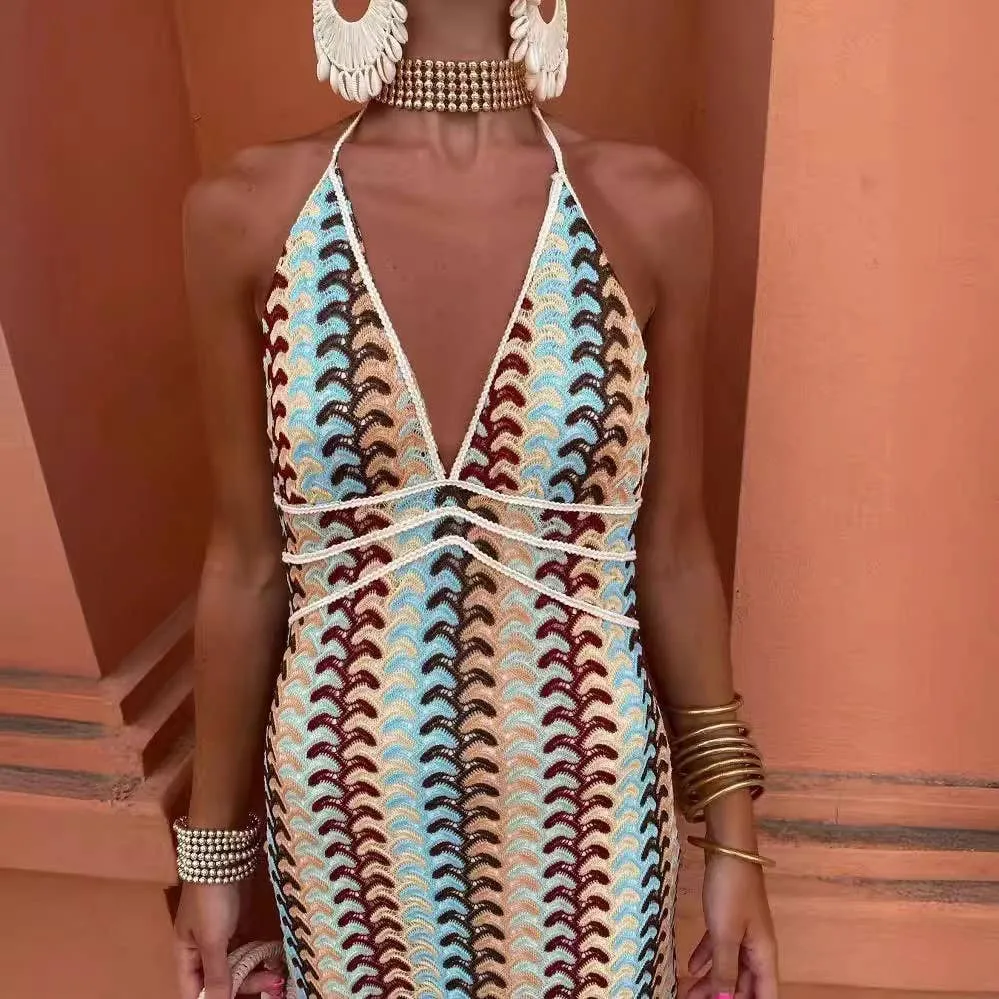 Summer Crocheted Colour-Blocked V-Neck Slip Dress