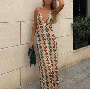 Summer Crocheted Colour-Blocked V-Neck Slip Dress