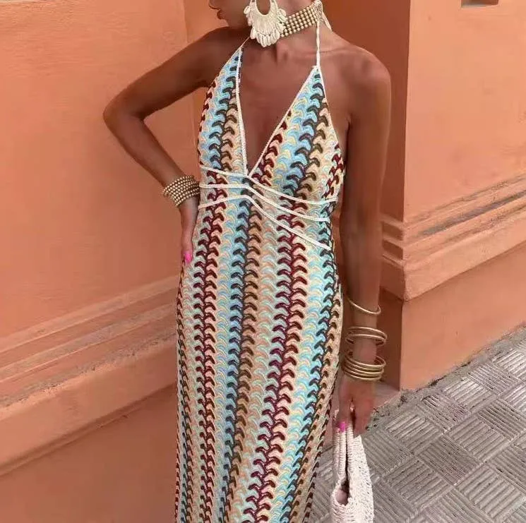 Summer Crocheted Colour-Blocked V-Neck Slip Dress