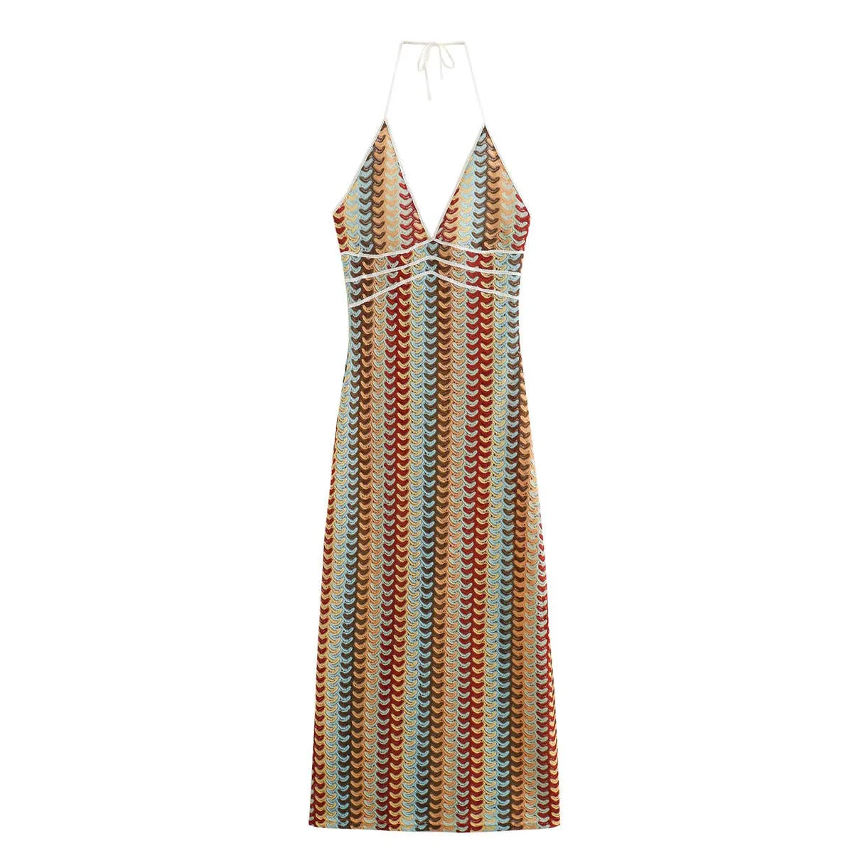 Summer Crocheted Colour-Blocked V-Neck Slip Dress