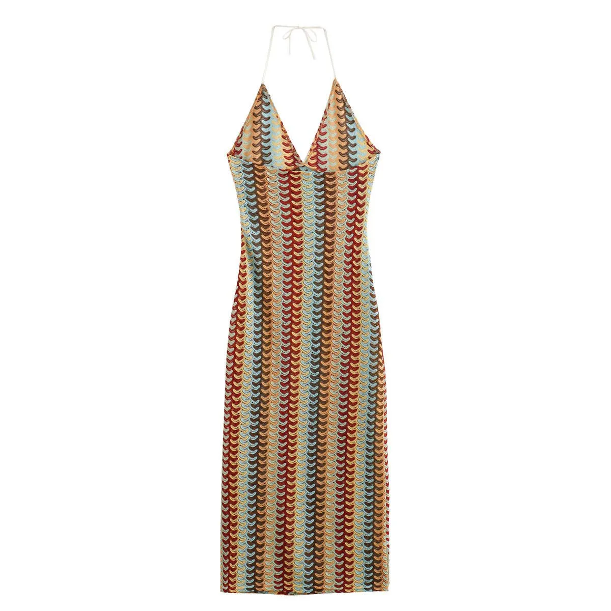 Summer Crocheted Colour-Blocked V-Neck Slip Dress