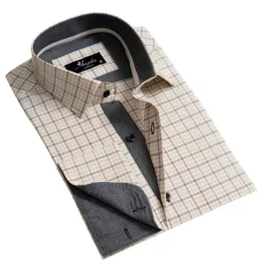 Tan Checked Men's Slim Fit French Cuff Shirts with Cufflink Holes - Casual and Formal