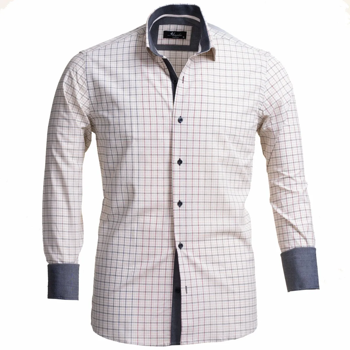 Tan Checked Men's Slim Fit French Cuff Shirts with Cufflink Holes - Casual and Formal