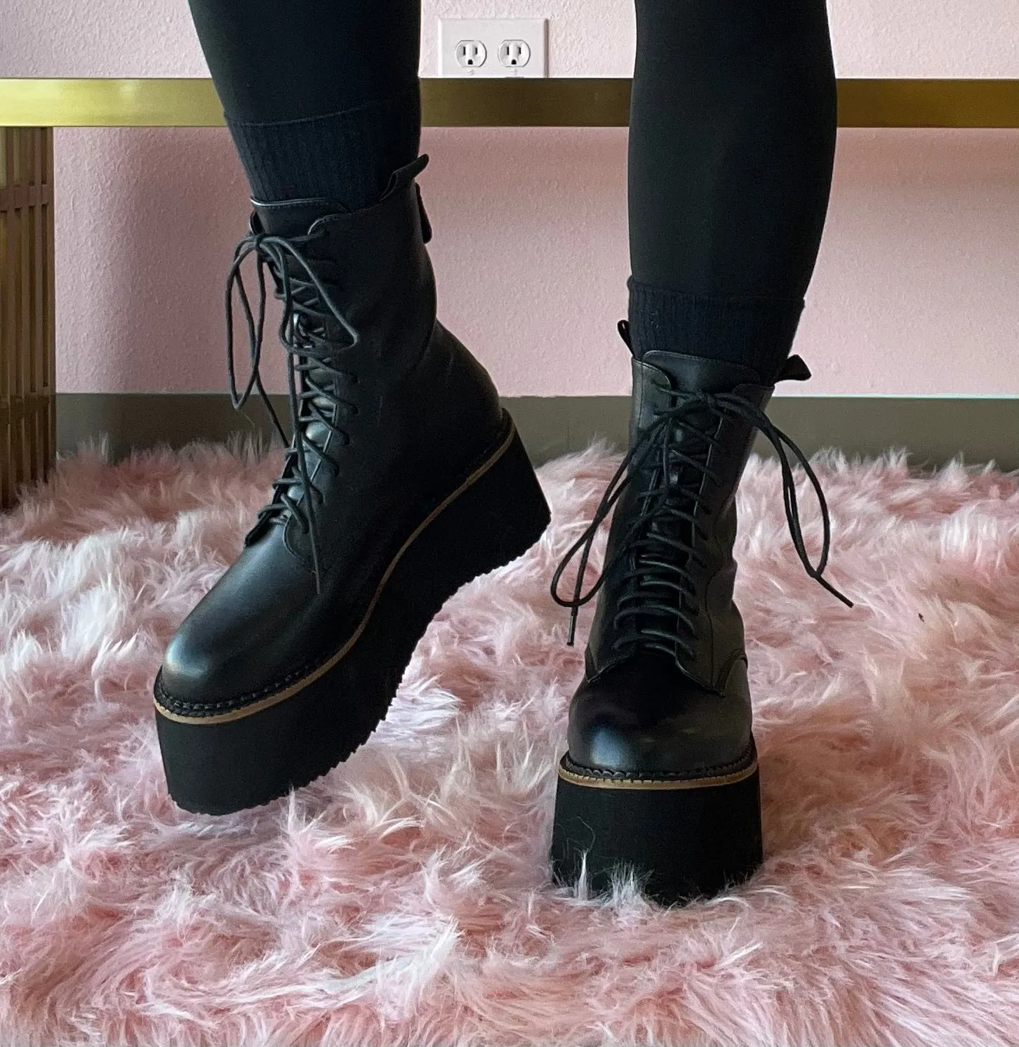 THE RIVETER Black Faux Leather Platform Combat Boot