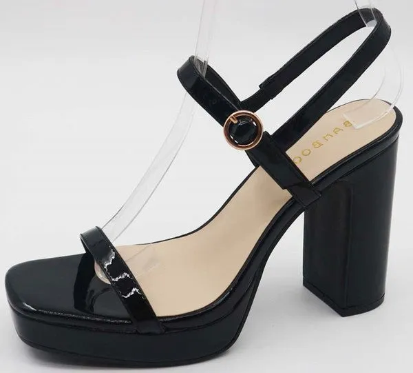 Thin Strap Chunky Heels- Black Patent