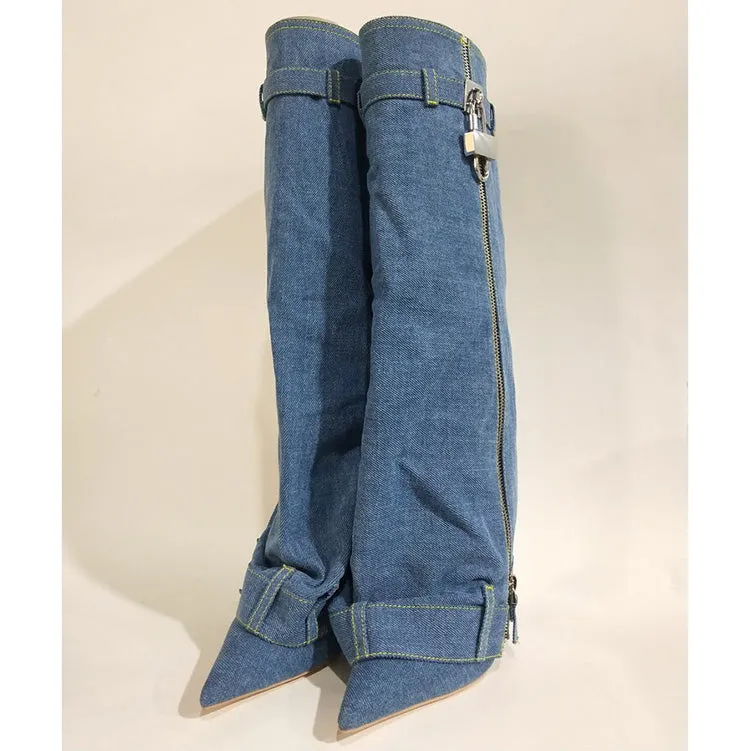 Trending Lock Denim Stiletto Heel Knee High Pants Boots