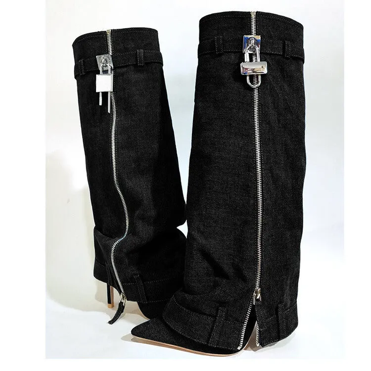 Trending Lock Denim Stiletto Heel Knee High Pants Boots