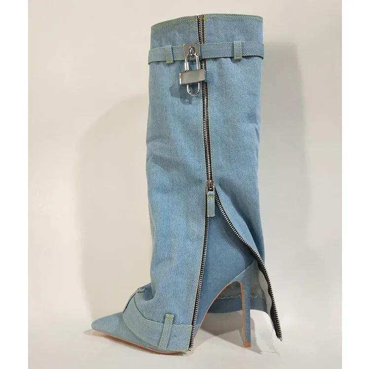 Trending Lock Denim Stiletto Heel Knee High Pants Boots