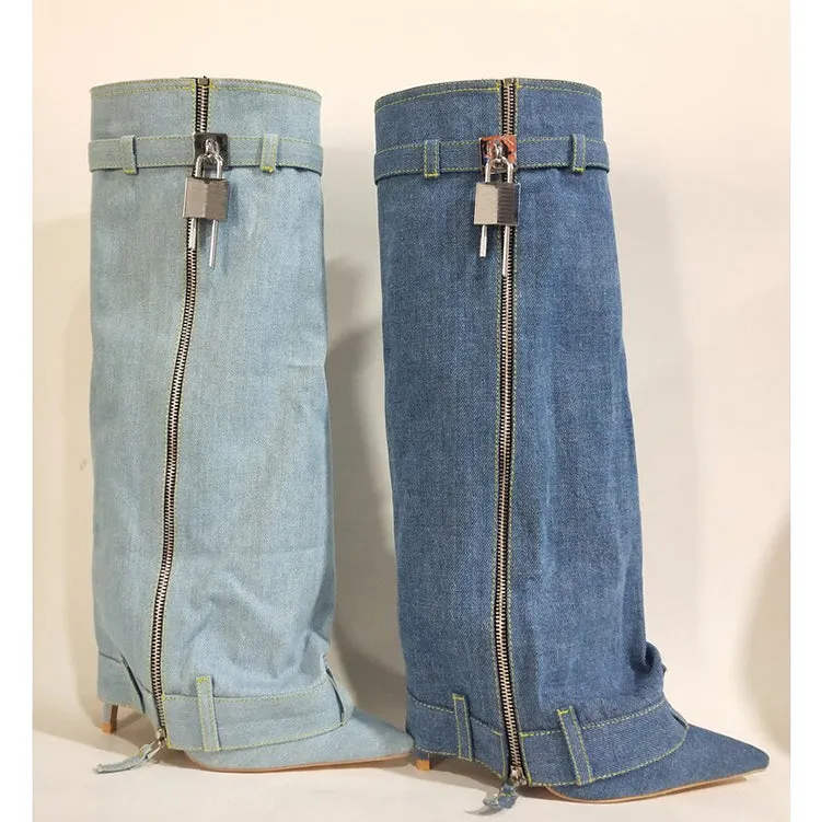Trending Lock Denim Stiletto Heel Knee High Pants Boots