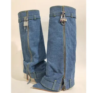 Trending Lock Denim Stiletto Heel Knee High Pants Boots