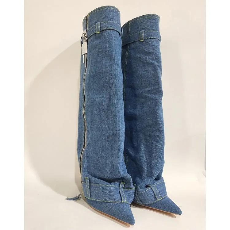 Trending Lock Denim Stiletto Heel Knee High Pants Boots