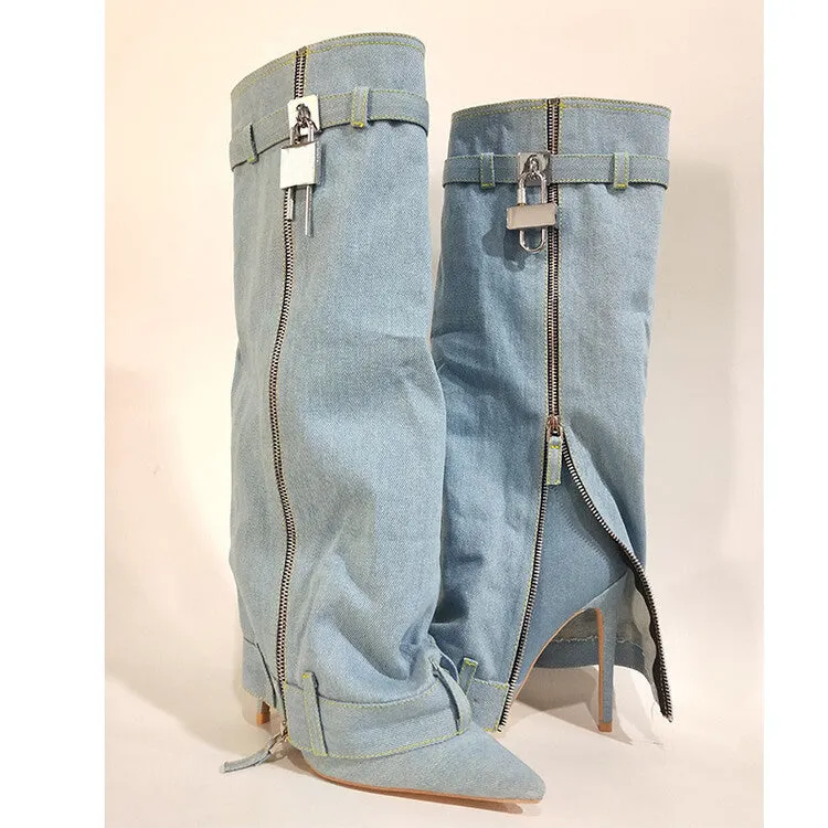 Trending Lock Denim Stiletto Heel Knee High Pants Boots