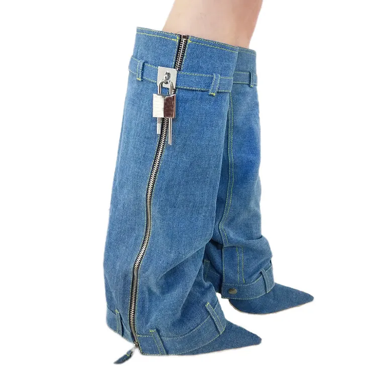 Trending Lock Denim Stiletto Heel Knee High Pants Boots