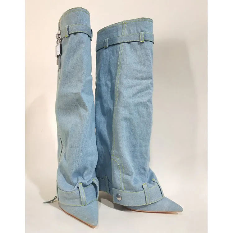 Trending Lock Denim Stiletto Heel Knee High Pants Boots
