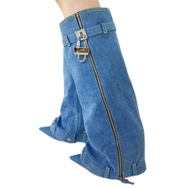 Trending Lock Denim Stiletto Heel Knee High Pants Boots