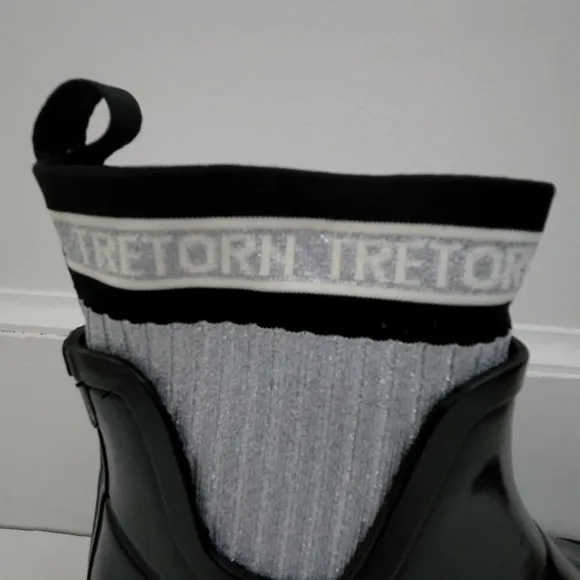 Tretorn Lia Sock black gray metallic rubber textile rain boots women 10