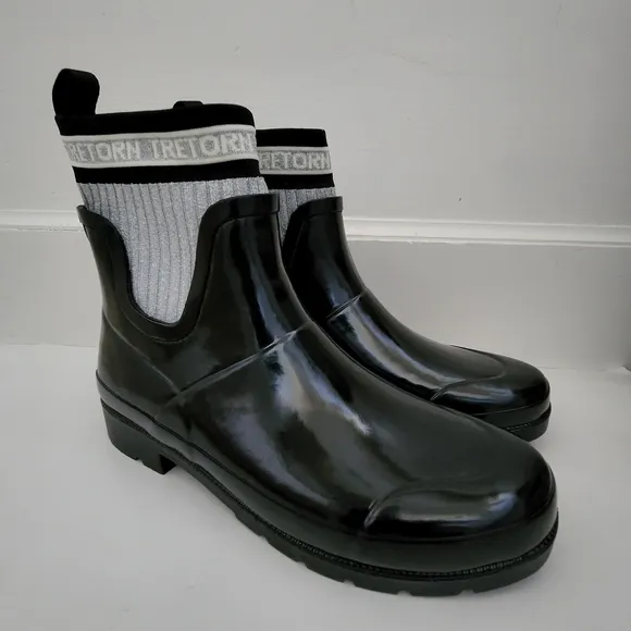 Tretorn Lia Sock black gray metallic rubber textile rain boots women 10