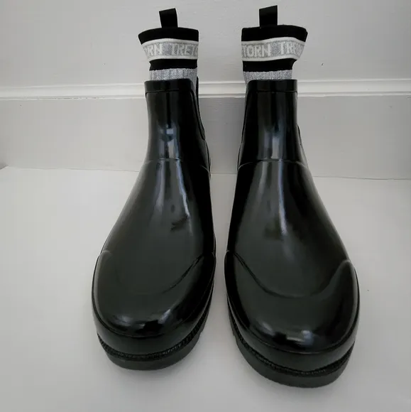 Tretorn Lia Sock black gray metallic rubber textile rain boots women 10