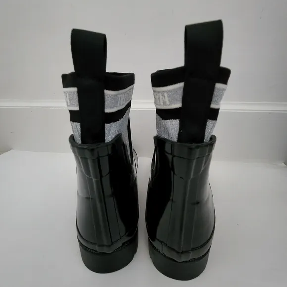 Tretorn Lia Sock black gray metallic rubber textile rain boots women 10