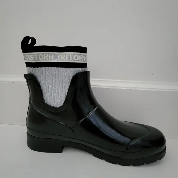Tretorn Lia Sock black gray metallic rubber textile rain boots women 10
