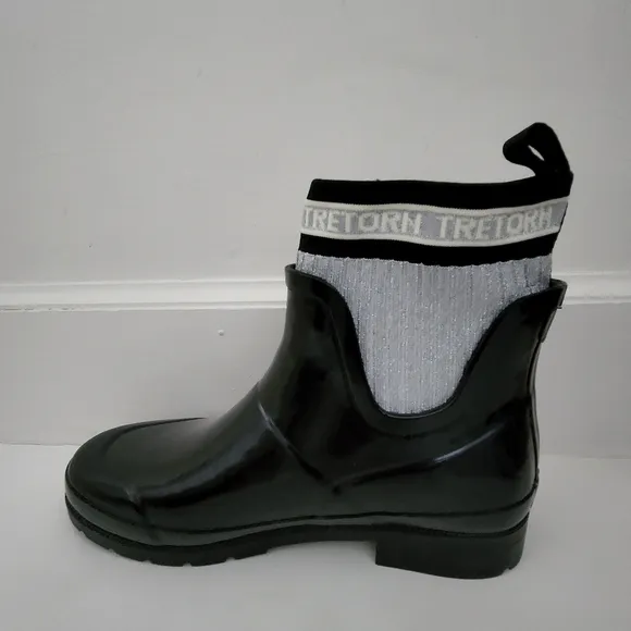 Tretorn Lia Sock black gray metallic rubber textile rain boots women 10