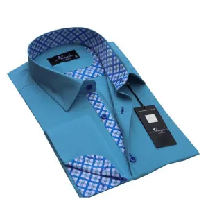 Turquoise Blue Mens Slim Fit French Cuff Shirts With Cufflink Holes -