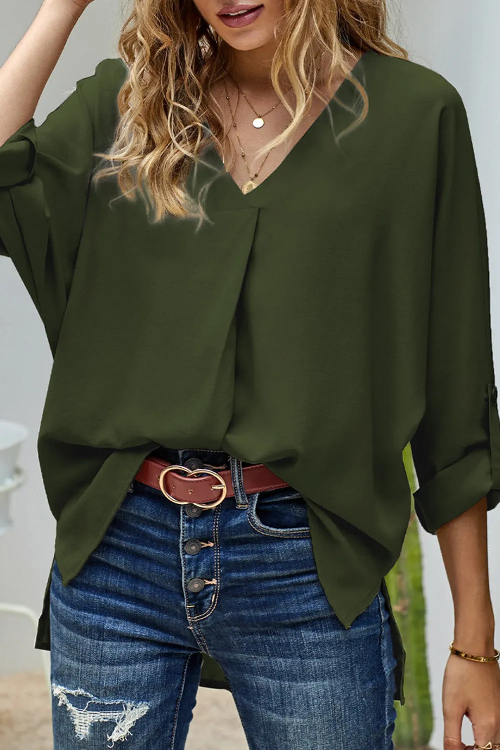 V Neck 3/4 Sleeve High Low Hem Shirt