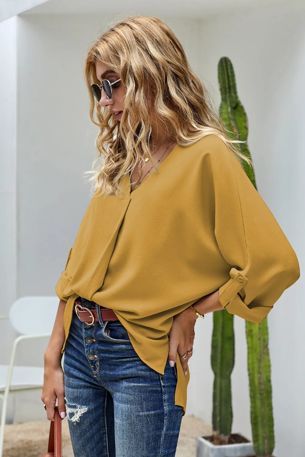 V Neck 3/4 Sleeve High Low Hem Shirt