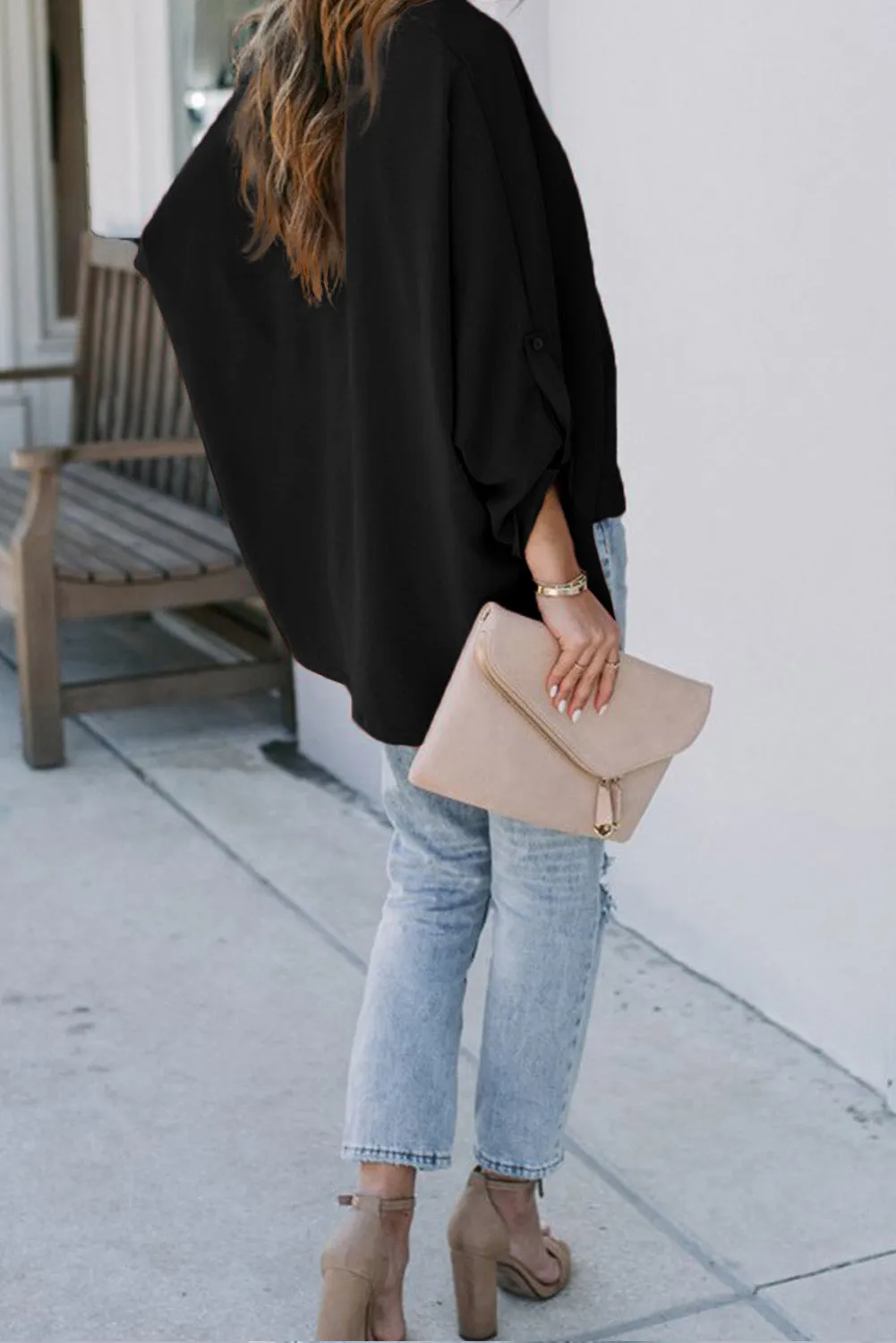 V Neck 3/4 Sleeve High Low Hem Shirt