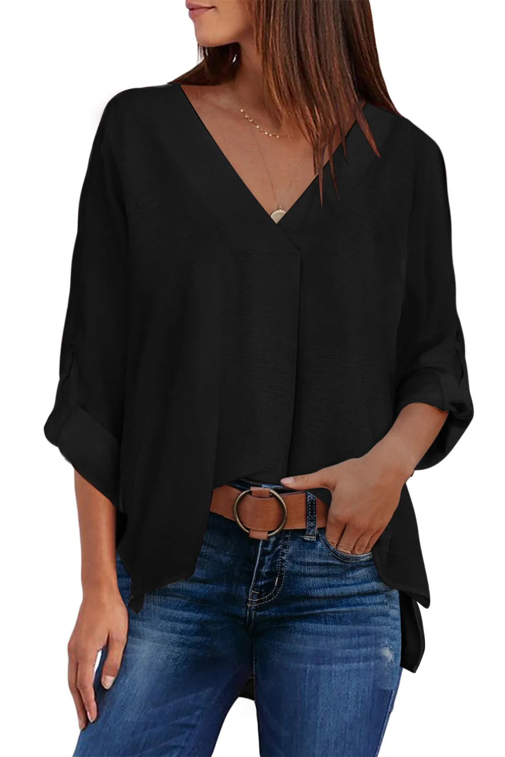V Neck 3/4 Sleeve High Low Hem Shirt