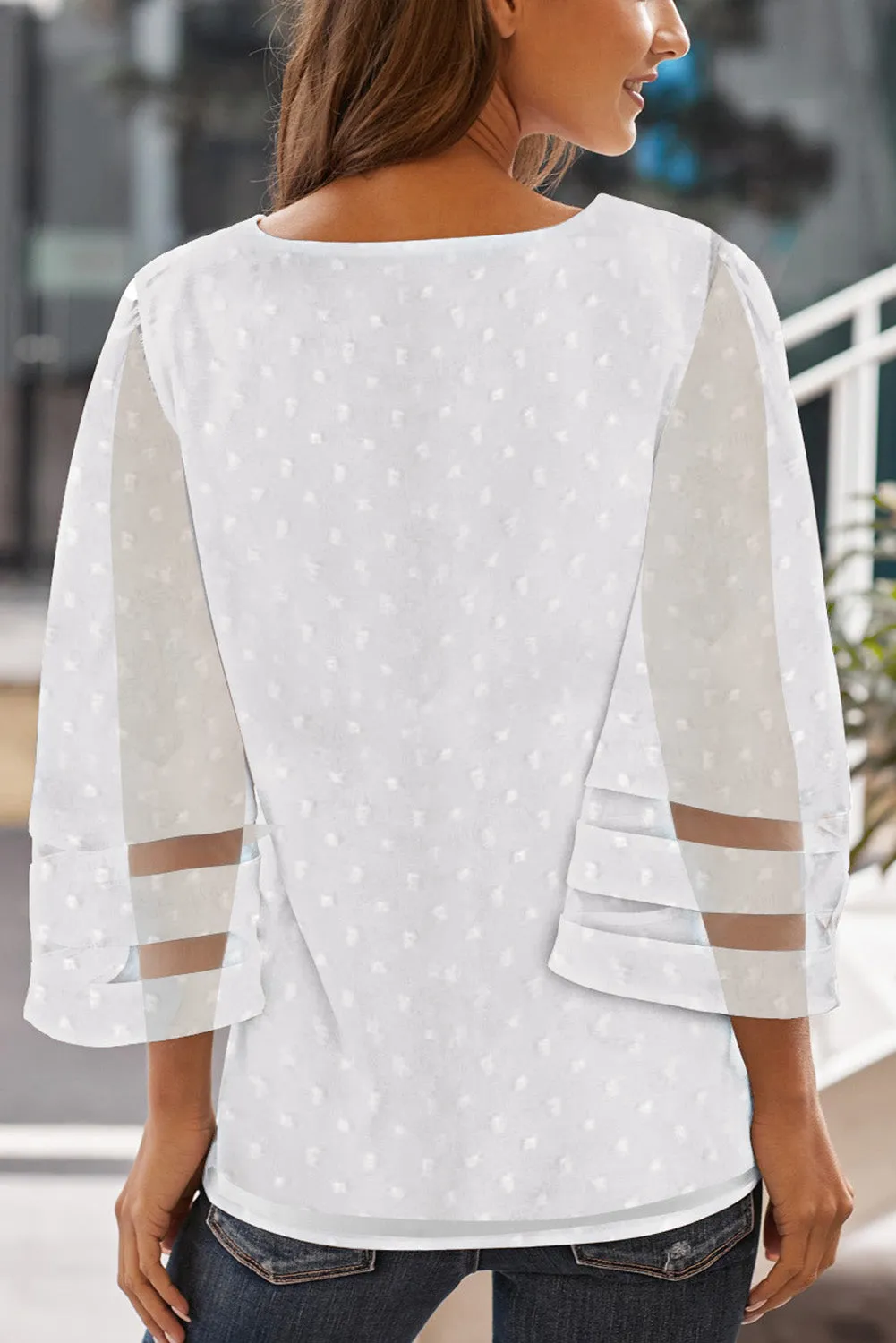 V Neck Mesh Stripes Kimono Sleeve Swiss Dot Blouse